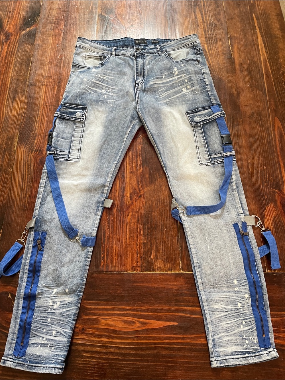 Washed Denim Cargo Pants with Blue Strap Accents 36x32